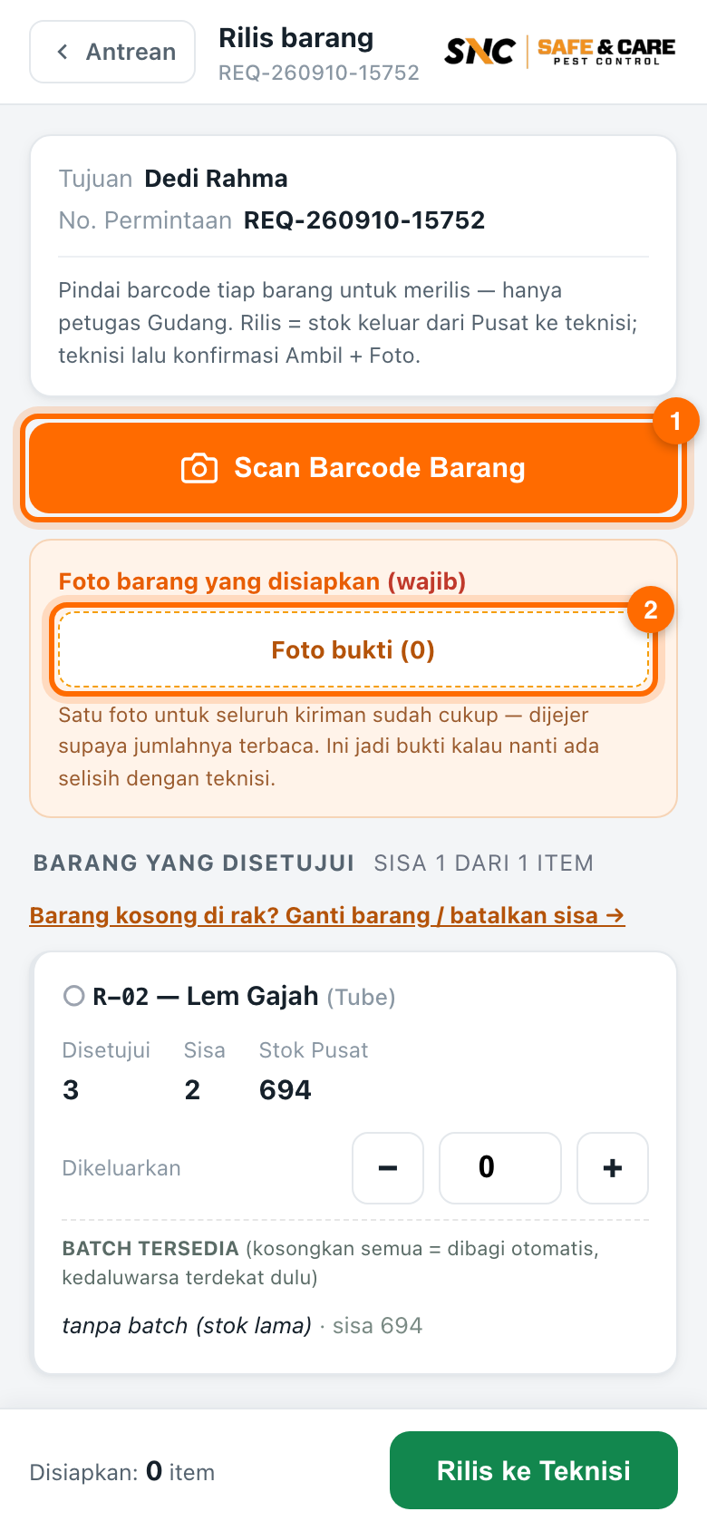 Langkah 1: Cara merilis barang ke teknisi