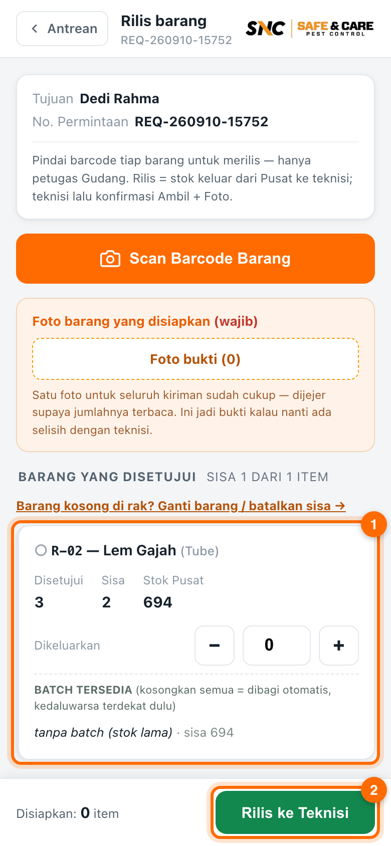 Langkah 3: Cara merilis barang ke teknisi